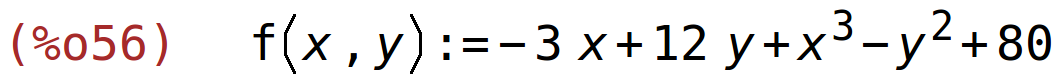 (%o56)	f(x,y):=-3*x+12*y+x^3-y^2+80